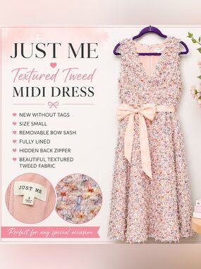 Just Me NWOT Textured Tweed Midi Dress Pink Bow Waist V-Neck Size S